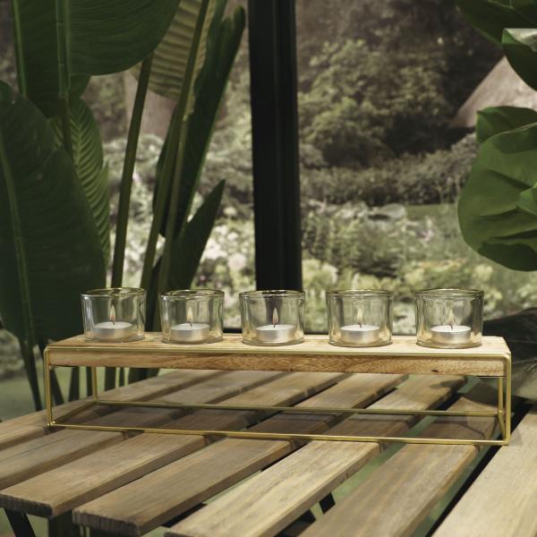 Kerzenhalter Teelichthalter 5er aus Glas, Metall und Holz